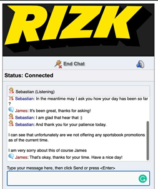 Rizk live chat screenshot