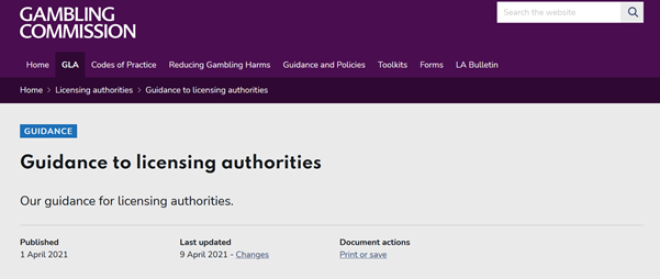 UK Gambling Commission Guidance Page Screenshot