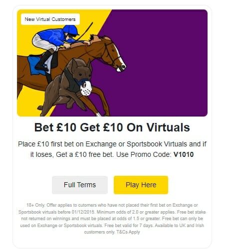 betdaq bet £10 get £10 on virtuals offer screenshot