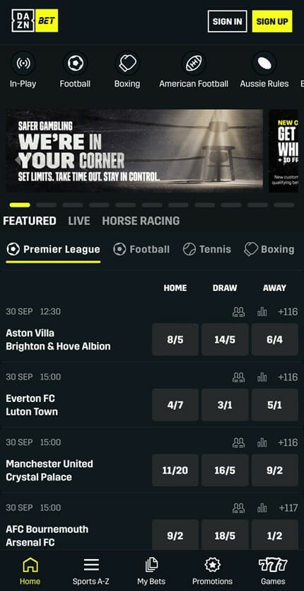 DAZN Bet mobile homepage screenshot