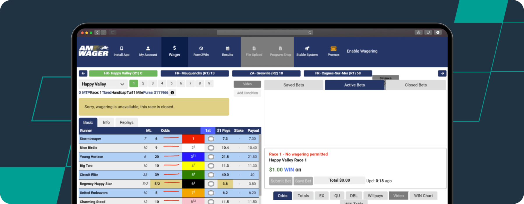 amwager horse racing page screenshot